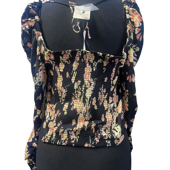 FREE PEOPLE HILARY Floral Print Square Neck Long Sleeve Crop Top Tie Back - Picture 9 of 10